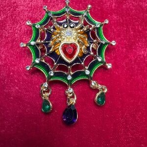Brooch Pendant Gold and Multicolor Spider & Web Pin Dangles Rhinestones Enamel